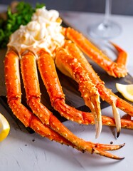Cooked king crab legs on a wooden board