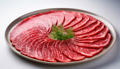 Thinly Sliced Wagyu Beef Arranged In Circular Layers On A Chilled White Plate