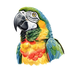Fototapeta premium A close-up, captivating watercolor portrait of a vibrant macaw, a symbol of the exotic beauty of the animal kingdom. Showcasing its exquisite feather detail and the lively charm of the subject.
