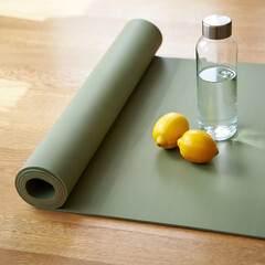 Healthy Lifestyle Yoga Mat Lemons Water Bottle Wooden Floor