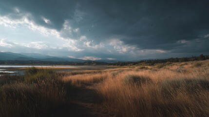 Expansive Wide Angle Landscape with Dramatic Sky and Golden Grass Under Cinematic Light