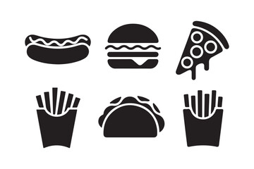 Collection of six classic fast food icons in black silhouette