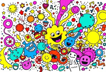 Obraz premium A chaotic, joyful burst of vibrant doodles; swirling shapes, playful creatures, and bright colors explode across the canvas, psychedelic, texture