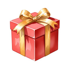 Obraz premium A vibrant red gift box, adorned with a golden ribbon and bow, poised as a symbol of joyous gifting and celebration, presented in an elegant and appealing style.