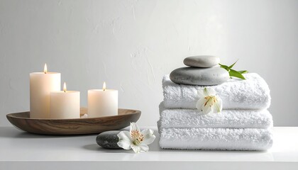 Stacked white towels, decorative stones, and lit candles create a serene and peaceful spa-like scene on a white surface.
