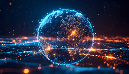 Digital Planet: A futuristic, conceptual image, showcasing a glowing digital globe, illuminated with network connections and data streams, symbolizes global technology, communication.