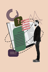 Banner 3d image artwork pop trend collage of serious academic man stand book reader bubble tab question mark sticker exam literature