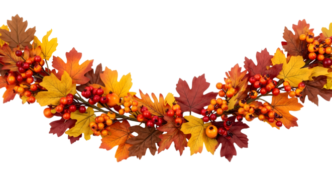 Festive autumn garland featuring vibrant fall leaves and berries, perfect for seasonal decoration