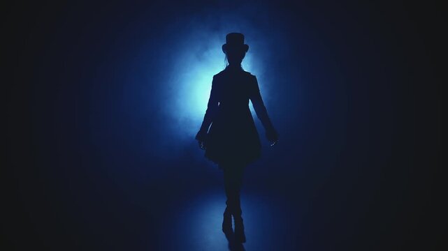 unrecognizable silhouette walks down in fog dark city street night wearing top hat. person dressed in tailcoat, frock coat suit historical costume, black classic bowler hat 1800s vintage old style 4k