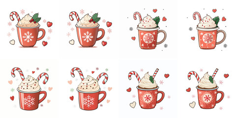 Peppermint Mocha Vector Set — Festive Holiday Coffee Illustrations with Candy Canes and Whipped Cream