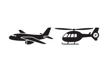 Simple silhouette icons of an airplane and a helicopter
