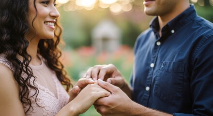 Fototapeta premium Young couple exchanging rings during engagement in garden at sunset 