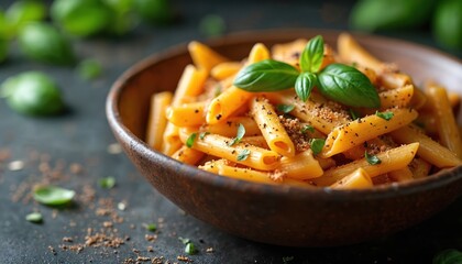 Penne pasta in brown bowl sprinkled with pepper and basil leaves on black table. Pasta dish with spices and herbs on dark surface. Italian food with penne and basil.