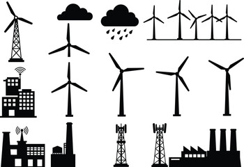 Energy infrastructure icons, wind turbines, communication towers, industrial buildings, cloud weather symbols, renewable power, technology silhouettes, black vector illustration set