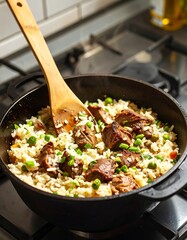 Cooked rice dish in a pan