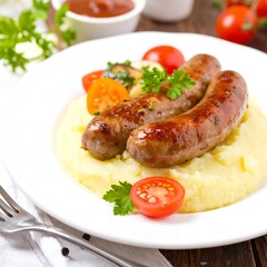 Cooked sausages served over mashed potatoes with cherry tomatoes and herbs