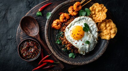 Captivating and Artfully Styled Indonesian Cuisine Featuring Fried Egg, Spicy Shrimp, and Crispy Snacks on Rustic Plate
