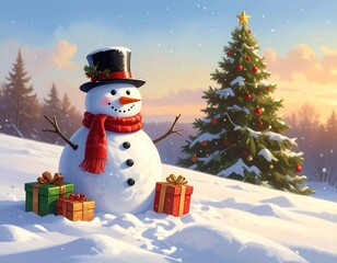 Obraz premium Winter wonderland scene with snowman and christmas tree