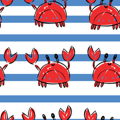 Hand Drawn Red Crabs on striped marine seamless pattern Vector Illustration Design for fabric, textile, fashion, wrapping and all prints