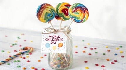 Three rainbow swirl lollipops in glass jar with candy