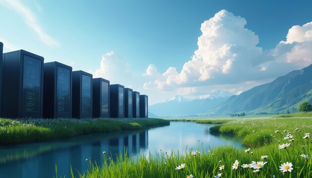Server racks stand by calm river in green meadow with white flowers. Distant snow mountains rise under blue sky, clouds. Scene shows modern tech with nature, eco-friendly data, sustainable cloud
