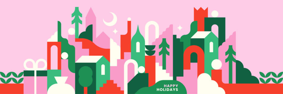 Happy Holidays pink Christmas banner with festive geometric design
