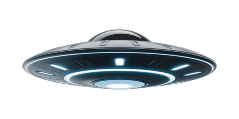 Sleek, futuristic flying saucer with glowing blue lights, ready for extraterrestrial exploration and sci-fi adventures.