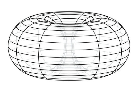Ring torus, wireframe model of a donut. Surface revolution in geometry, generated by revolving a circle in three-dimensional space one full revolution about an axis that is coplanar with the circle.