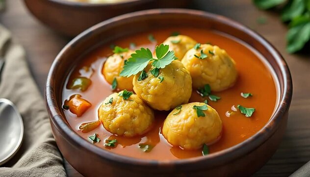 Smooth fufu balls served alongside rich vegetable soup in rustic bowls with fresh herbs 