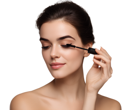 transparent background a beautiful woman applying black mascara with long, thick lashes isolated