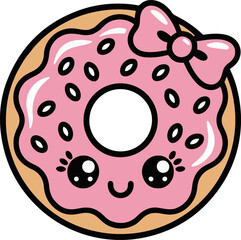 Vector art of adorable donut cartoon a charming donut character with pink frosting, sprinkles, and a cute bow, ideal for adding a playful touch to any design