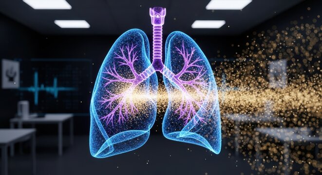 AI visualization of lungs with digital airflow particles.