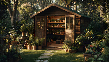 Rustic wooden garden shed in sunny outdoor environment. Shed with open doors, lit interior, shelves filled with plants. Green grass, garden design, nature, summer vacation, home decor, landscaping,