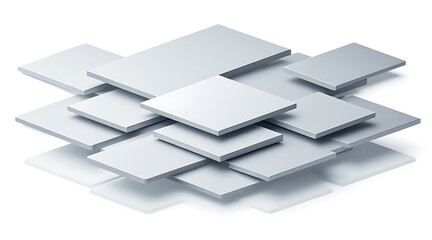 Geometric digital illustration of overlapping white and gray rectangular panels creating modern abstract layered design with soft shadows