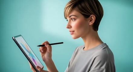 A young woman with short hair is focused on her tablet, using a stylus to draw or design.