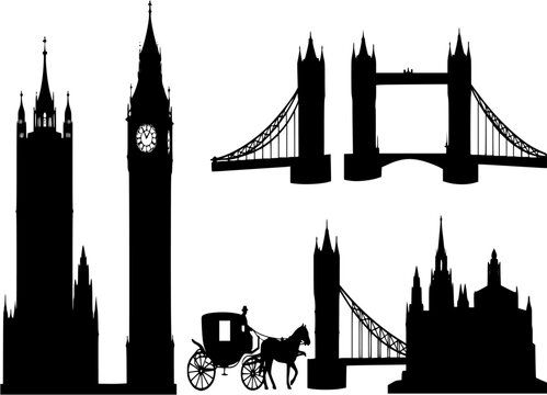 Set of iconic london silhouettes including big ben and horse carriage
