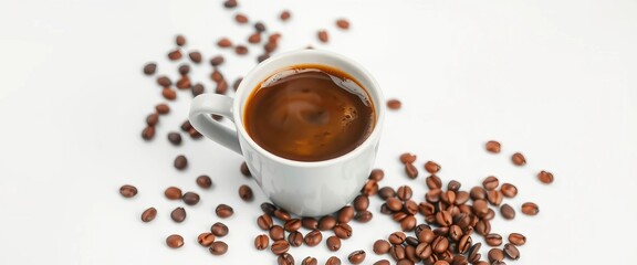 A steaming cup of delicious beverage beside scattered coffee beans on a pristine white background,  aroma,  spill