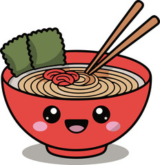 Vector art of charming ramen bowl cartoon a delightful bowl of ramen with seaweed, noodles, and a cheerful smile, perfect for adding a touch of fun to any project