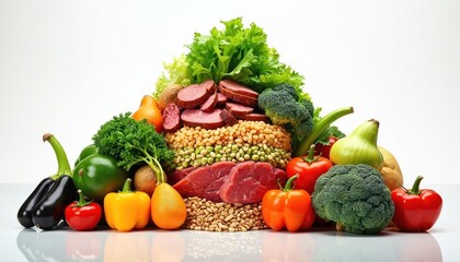 Diverse food variety arrangement meat with vegetables. Assortment with beans, fruits, greens. Colorful selection represents balanced nutrients. Studio shot. Good as nutrition food infographics
