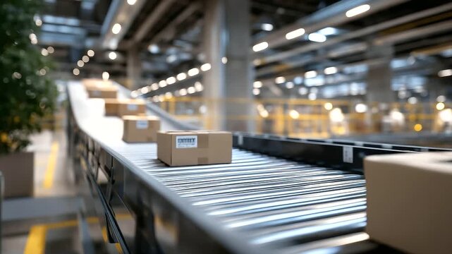 A robotic sorter organizes packages in a distribution center with conveyor belts whirring barcodes scanning boxes sliding into chutes and a worker overseeing operations