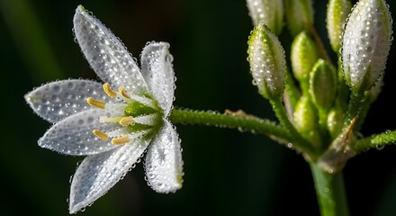 Macro Photograph of White Flower with Sparkling Water Droplets