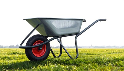Gray metal wheelbarrow rests on a grassy field, showcasing a sturdy and practical design.