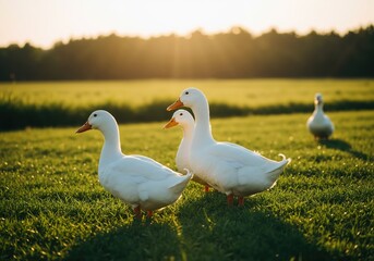 Obraz premium White domestic ducks on a farm in a green field at sunset. Rural countryside scene with poultry during the golden hour
