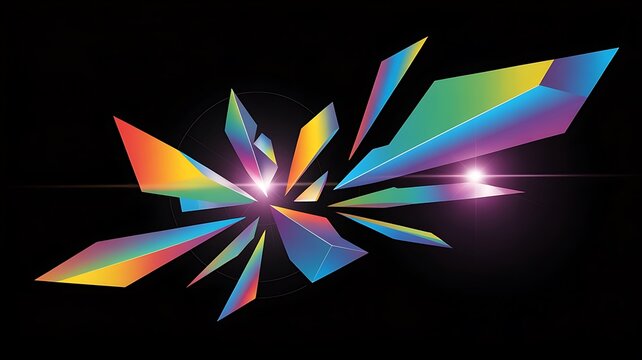 Abstract iridescent geometric shards exploding outwards; vibrant, dynamic, and energetic design.