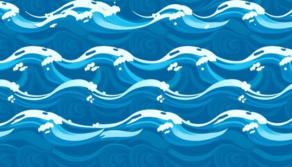 Obraz premium Seamless vector pattern of stylized blue ocean waves; elegant marine design, illustration, vector illustration