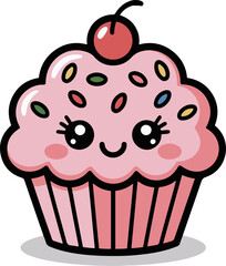 Vector art of a delightful kawaii cupcake with pink frosting, colorful sprinkles, and a cherry on top, all set against an, perfect for adding a touch of sweetness to any project