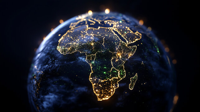 Digital globe centered on Africa with glowing data lines and network nodes, dark background