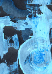 Abstract painting with wide circular brushstrokes of a semi-dry brush in blue-black and dark blue tones, dynamic artistic background