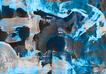 Abstract painting with wide circular brushstrokes of a semi-dry brush in blue-black and dark blue tones, dynamic artistic background