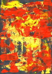 Abstract palette knife painting in vibrant red and yellow tones with expressive brushstrokes of red and yellow acrylic or oil. Contemporary art. 